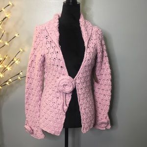 Pink Chunky Ruff Hewn Sweater With Flower Closures
